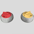 Curling Stones with Olympic Rings Yellow Red Handles and Gray Textured Surface