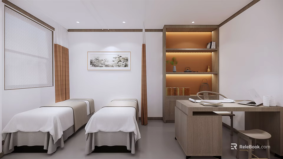 Serene SPA Room Interior With Two Massage Beds White Sheets And Wooden Shelves 3d model 