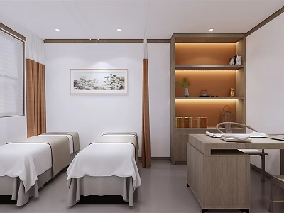 Serene SPA Room Interior With Two Massage Beds White Sheets And Wooden Shelves 3d model