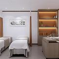 Serene SPA Room Interior With Two Massage Beds White Sheets And Wooden Shelves