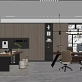 Modern Minimalist Office Interior With Wooden Desk Ergonomic Chairs And Bookshelves