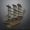 Wooden Sailing Ship Model With Multiple White Sails On Display Base