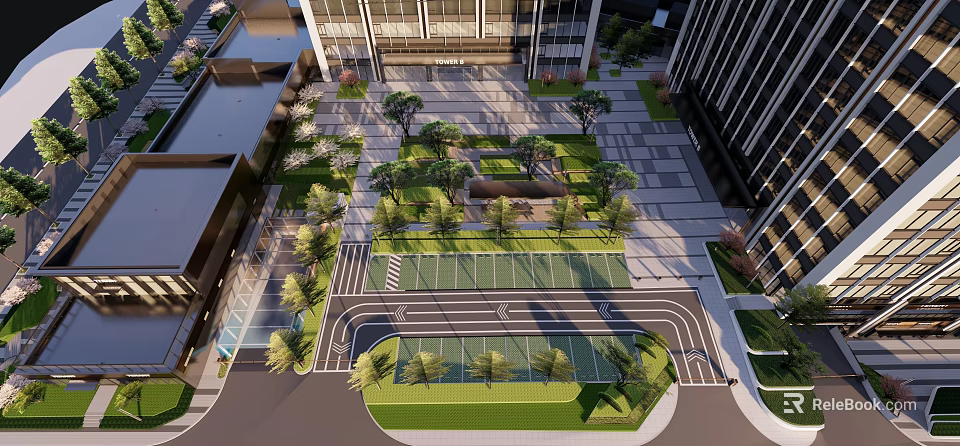 Modern Office Landscape With Green Spaces Tree-Lined Walkways And Modern Buildings 3d model 