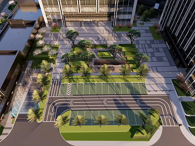 Modern Office Landscape With Green Spaces Tree-Lined Walkways And Modern Buildings 3d model