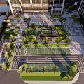 Modern Office Landscape With Green Spaces Tree-Lined Walkways And Modern Buildings
