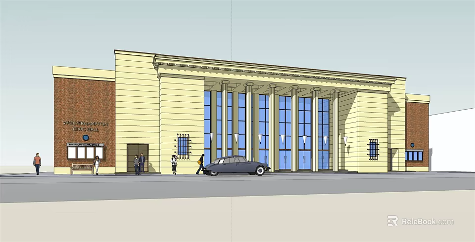 Classical Style Office Building Featuring Yellow Facade Large Glass Windows And Columns 3d model