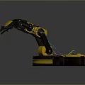 Black And Yellow Robotic Arm Character With Mechanical Joints Gripper And Circular Base