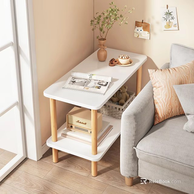 Modern Side Table With White Top Wooden Legs Shelf Magazines Vase And Sofa Pillows 3d model 