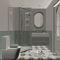 Modern Bathroom With Glass Shower Backlit Round Mirror Light Green Tiles Vanity And Patterned Floor