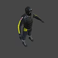 Man In Tactical Gear With Black Helmet Balaclava Red Eyes And Yellow Striped Arms