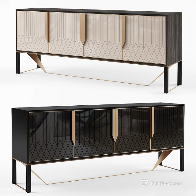 Elegant Modern Storage Cabinet With Geometric Pattern Glass Doors And Metal Frame 3d model 