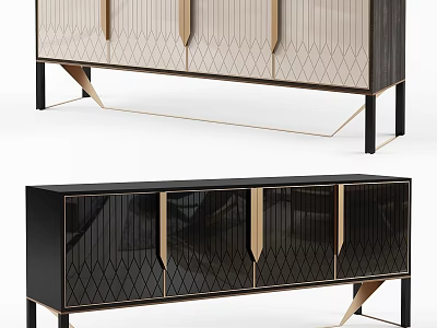 Elegant Modern Storage Cabinet With Geometric Pattern Glass Doors And Metal Frame 3d model