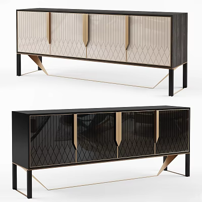 Elegant Modern Storage Cabinet With Geometric Pattern Glass Doors And Metal Frame 3d model