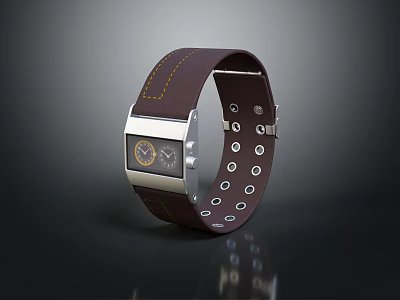Modern Watch With Brown Leather Strap Silver Case And Digital Analog 3d model
