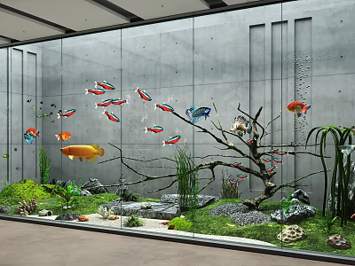 Large Indoor Aquarium Display With Colorful Fish Decorative Branches Aquatic Plants Stones 3d model