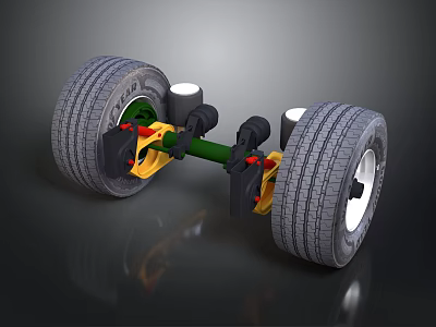Heavy Duty Tires with White Rims and Green Axle Beam in 3D Suspension Model 3d model