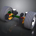 Heavy Duty Tires with White Rims and Green Axle Beam in 3D Suspension Model