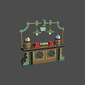 Cartoonish Style Snack Stall With Hanging Lamps Colorful Items And Bottles
