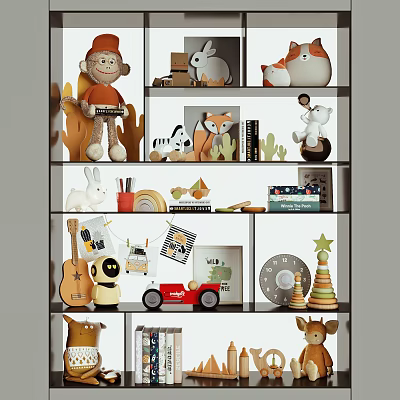 Various Animal Shaped Collectible Dolls Arranged On Multiple Decorative Shelves For Home Decoration 3d model