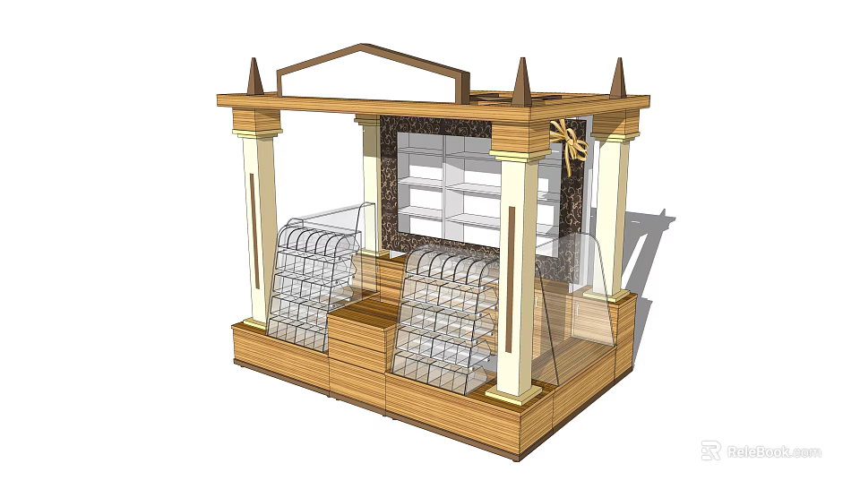 Wooden Booth Design With Columns Spiked Roof Glass Display Cabinets And Shelves 3d model 