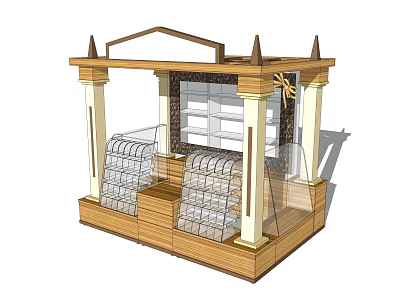 Wooden Booth Design With Columns Spiked Roof Glass Display Cabinets And Shelves 3d model