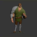 3D Game Movie Character in Green Outfit With Metal Shoulder Armor Sunglasses and Brown Hair
