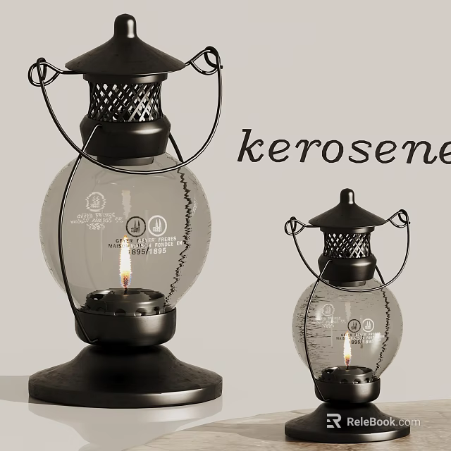 Kerosene Lamps With Black Metal Frames Glass Globes And Lit Flames 3d model 