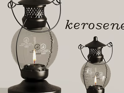 Kerosene Lamps With Black Metal Frames Glass Globes And Lit Flames 3d model