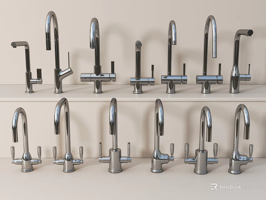 Different Faucet Styles Displayed on Shelves for Home Improvement Collection 3d model 