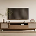 Modern Wooden TV Stand With Woven Doors And TV On Top With Decorative Items