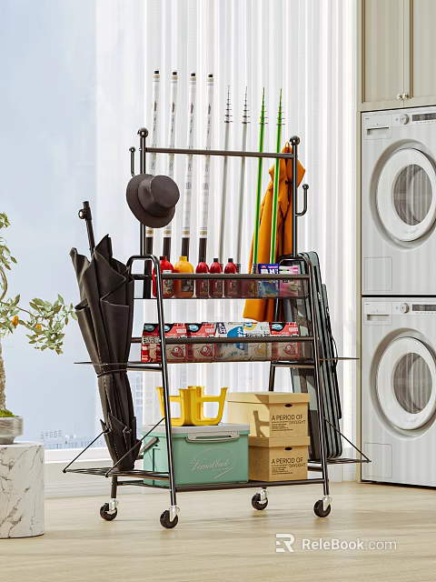 Practical Laundry Room Storage Shelf With Umbrellas Hat Cleaning Supplies And Boxes 3d model 