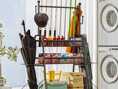 Practical Laundry Room Storage Shelf With Umbrellas Hat Cleaning Supplies And Boxes 3d model