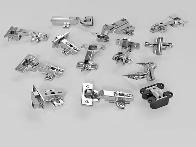 Various Metal Hinges For Furniture Hardware Collection On White Background 3d model