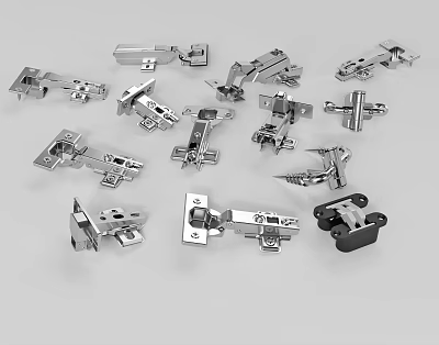 Various Metal Hinges For Furniture Hardware Collection On White Background 3d model