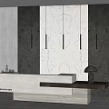 Modern White Reception Counter with Marble Wall Gray Concrete Background Hanging Lights and Table Lamp