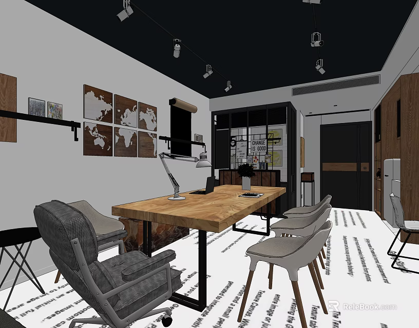 Modern Office Interior With Wooden Desk Chairs World Map Art And Pendant Lights 3d model 