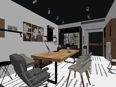 Modern Office Interior With Wooden Desk Chairs World Map Art And Pendant Lights 3d model