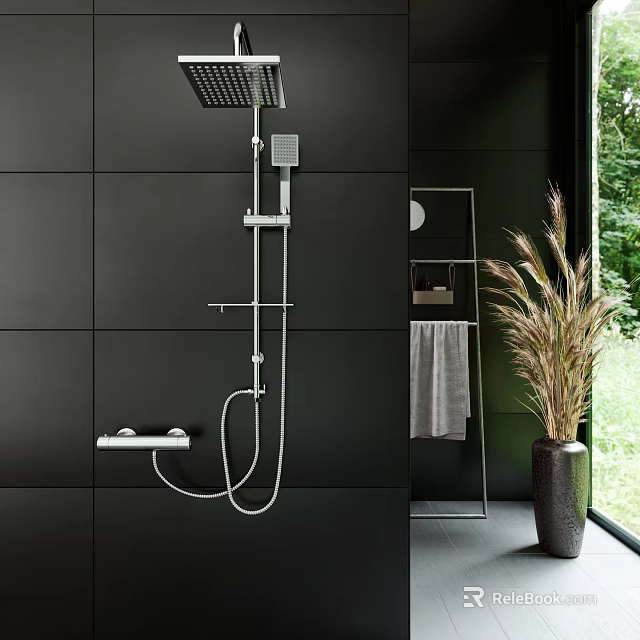 Modern Shower Room With Black Tiles Chrome Shower System Metal Shelf And Potted Plant 3d model 