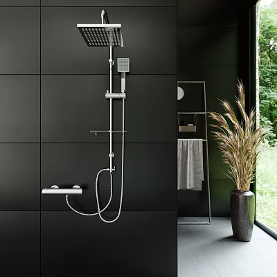 Modern Shower Room With Black Tiles Chrome Shower System Metal Shelf And Potted Plant 3d model