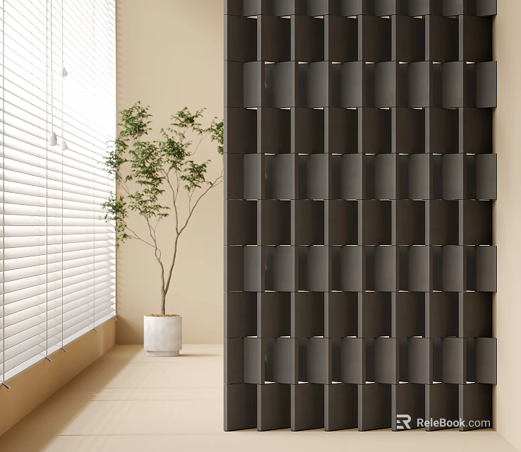 Modern Decorative Partition With Square Panels And Potted Plant Near Window Blinds 3d model 