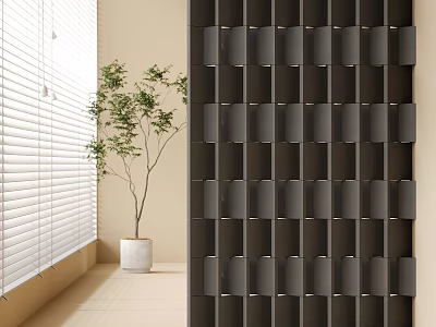 Modern Decorative Partition With Square Panels And Potted Plant Near Window Blinds 3d model