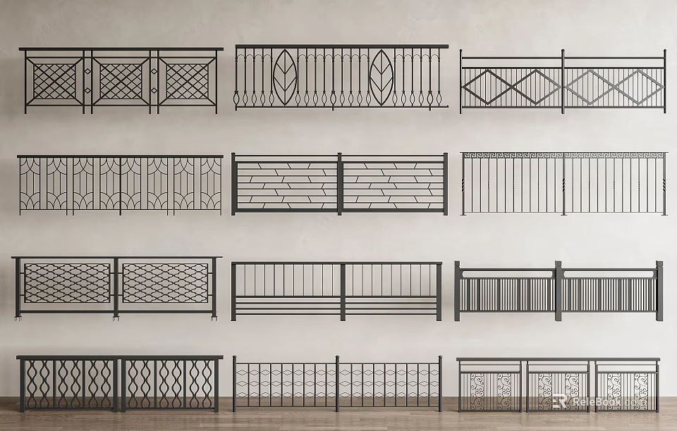 Various Stylish Black Metal Railings With Geometric Patterns And Ornate Designs 3d model 