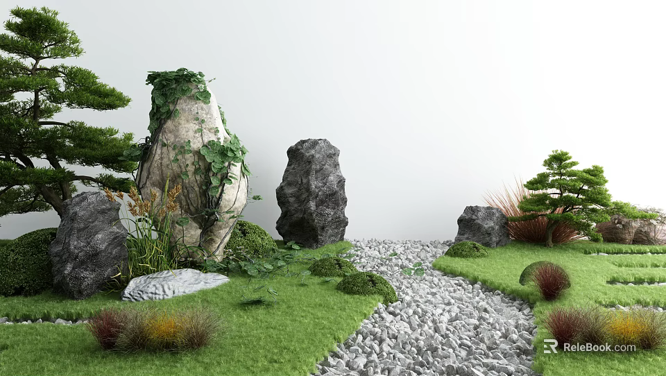 Serene Courtyard Garden With Mossy Stones And Gravel Pathway Lush Greenery And Green Grass 3d model 