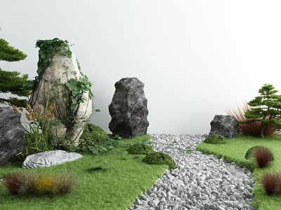 Serene Courtyard Garden With Mossy Stones And Gravel Pathway Lush Greenery And Green Grass 3d model
