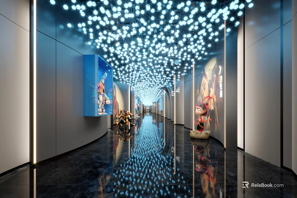 Modern Elevator Corridor With Starry Ceiling Lights Decorative Paintings And Reflective Floor 3d model 