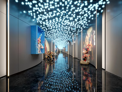 Modern Elevator Corridor With Starry Ceiling Lights Decorative Paintings And Reflective Floor 3d model