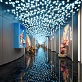 Modern Elevator Corridor With Starry Ceiling Lights Decorative Paintings And Reflective Floor 3d model
