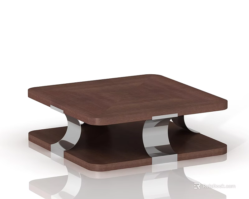 Modern Wooden Coffee Table Design With Square Shape Dark Brown Finish And Metal Frame 3d model 