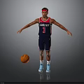 Man wearing CAPITALS 3 basketball jersey red headband arm tattoos and blue sneakers with basketball