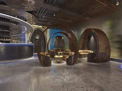 Modern Bar Interior Design With Curved Woven Seating And Stylish Bar Counter 3d model